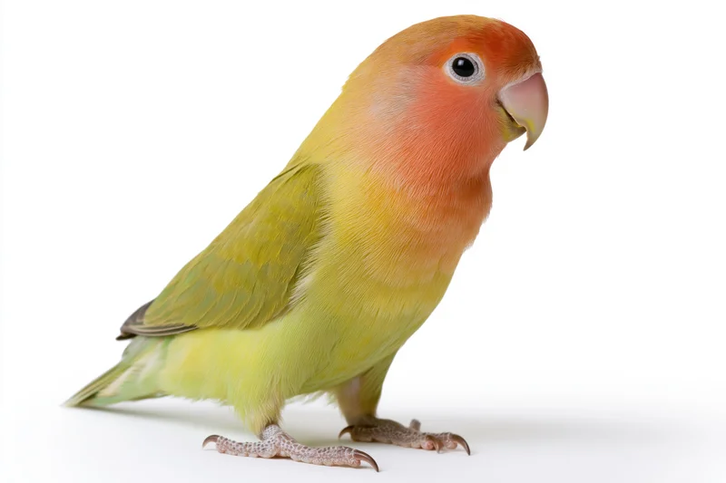 Peach-faced lovebird standing alert in profile on white surface