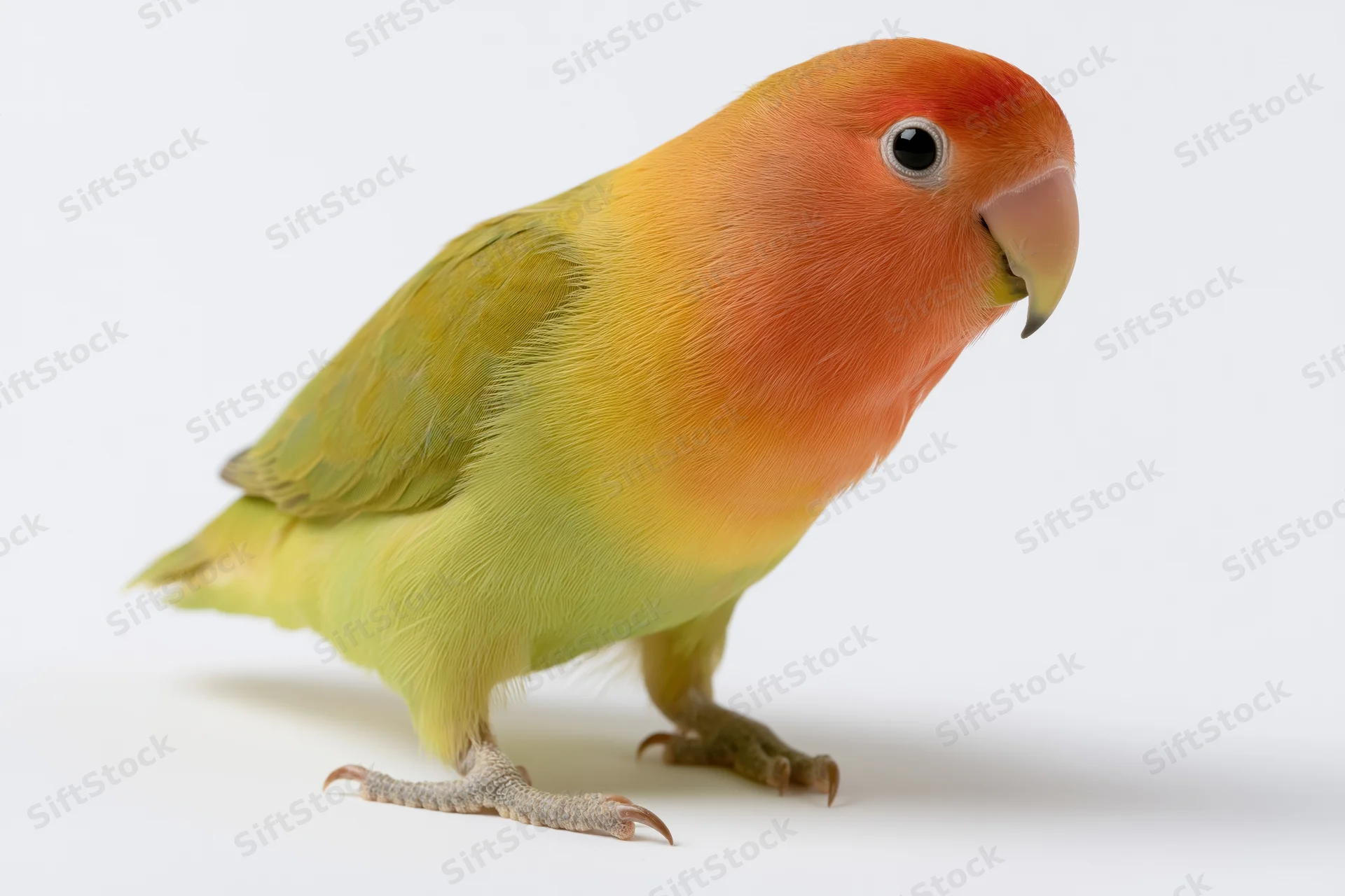 Peach-faced lovebird standing alert on white surface