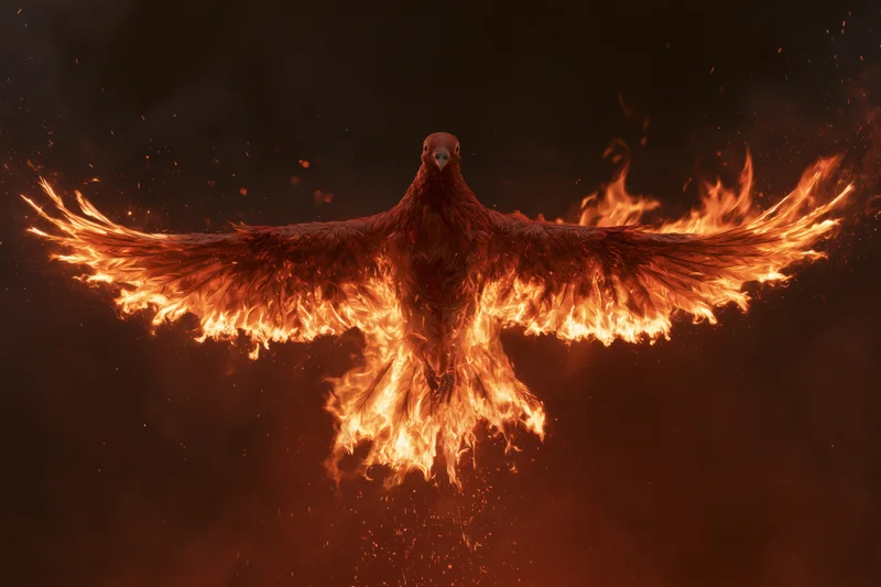 Phoenix bird with wings spread engulfed in flames against dark background