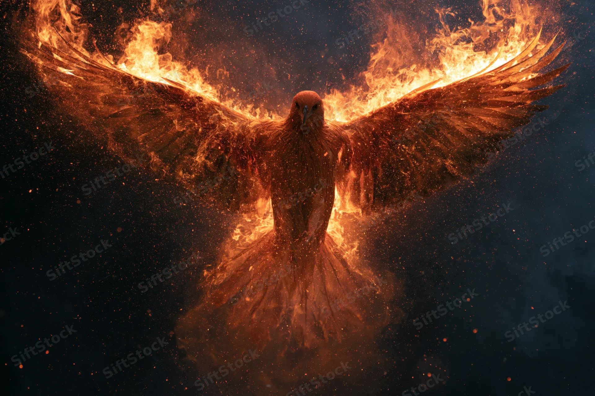 Phoenix bird with wings spread engulfed in flames against dark sky