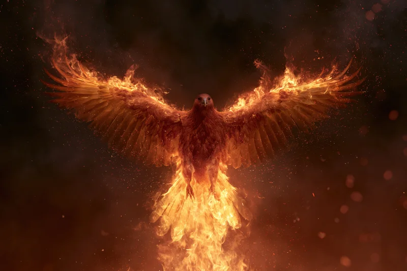 Phoenix bird with wings spread engulfed in flames rising upward