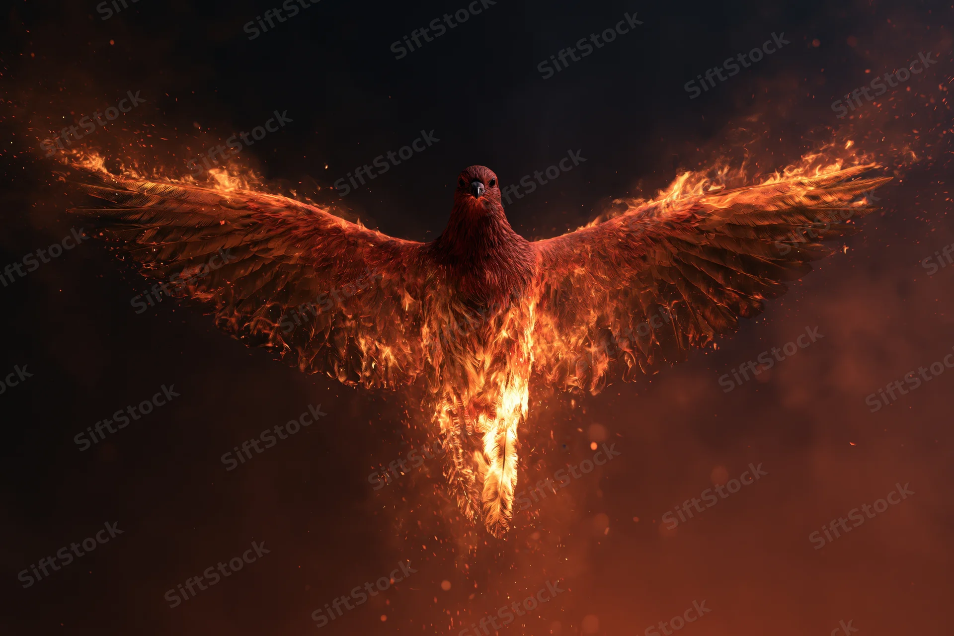 Phoenix with wings spread engulfed in flames against dark background