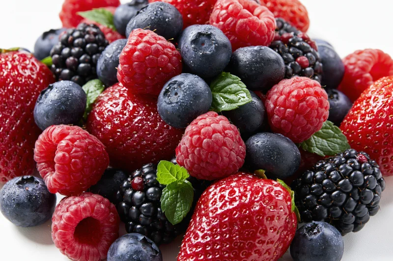 A pile of mixed fresh berries including strawberries, raspberries, blueberries and blackberries on a white background