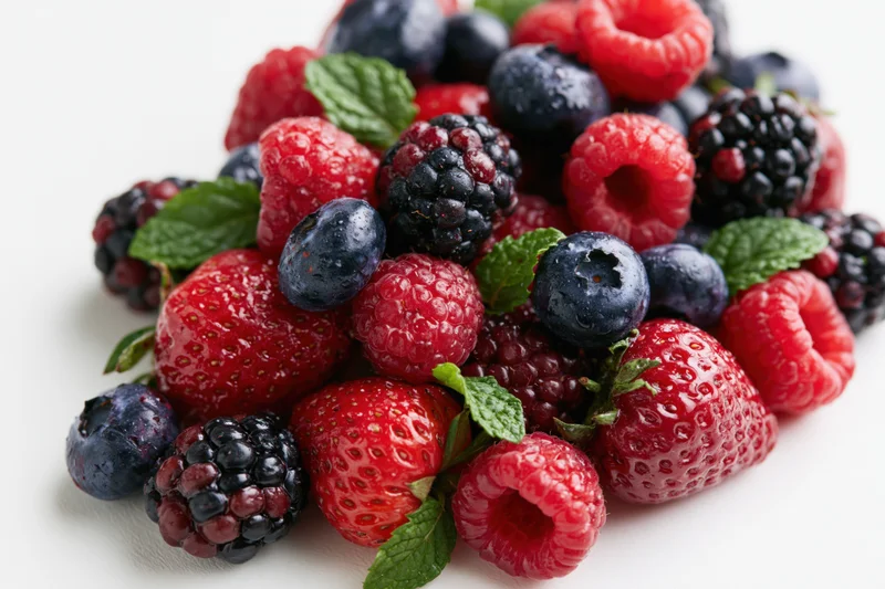 A pile of mixed fresh berries including strawberries, raspberries, blueberries and blackberries with mint leaves on a white surface