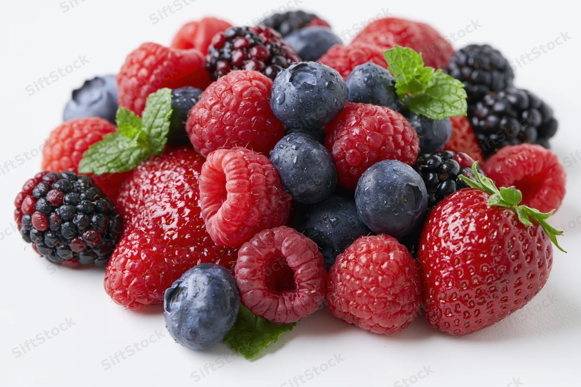 A pile of mixed fresh berries including raspberries, blueberries, strawberries, and blackberries with mint leaves on a white surface