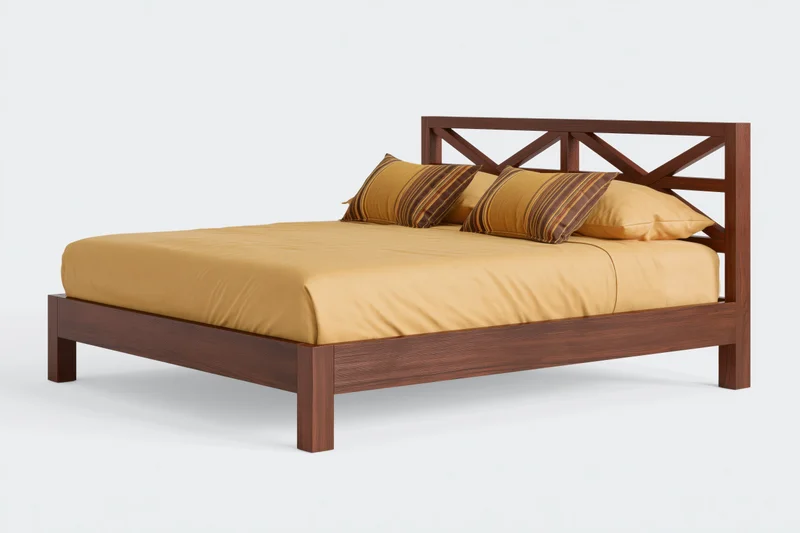 Queen-size bed with dark walnut wooden frame and mustard bedding on white background