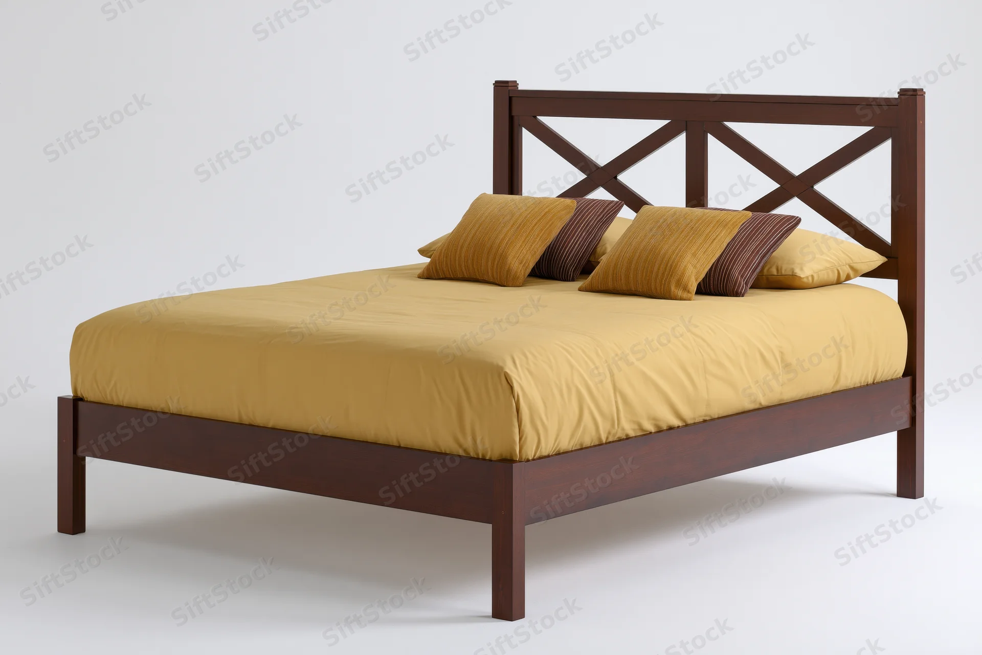 Queen-size bed with dark walnut wooden frame and mustard bedding on white background