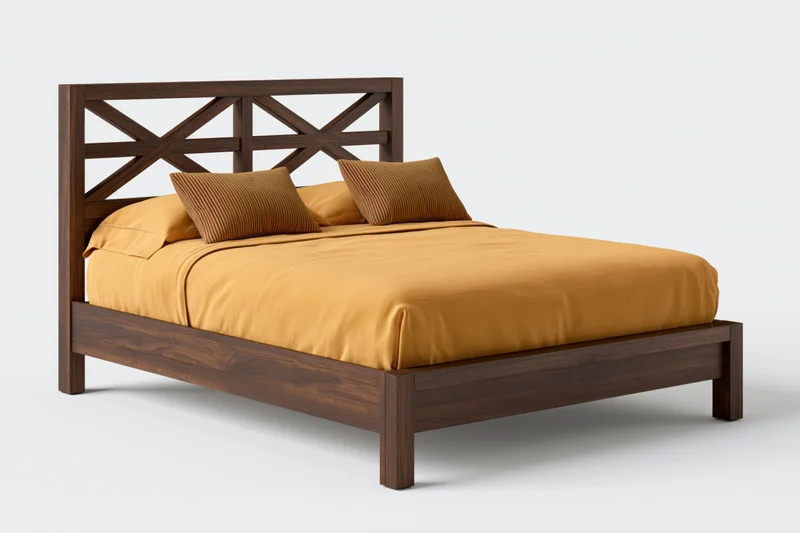 Queen-size bed with dark walnut wooden frame and mustard bedding on white background