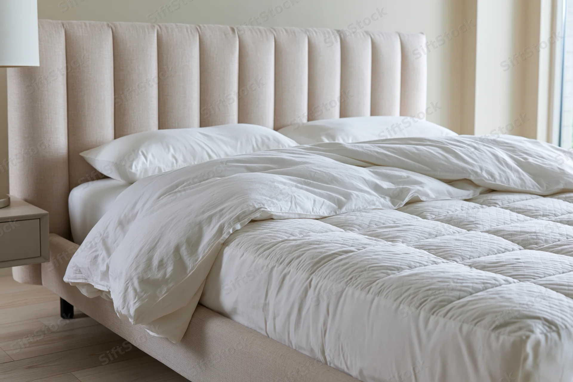 Queen-sized bed with tall channeled upholstered headboard in a neutral bedroom