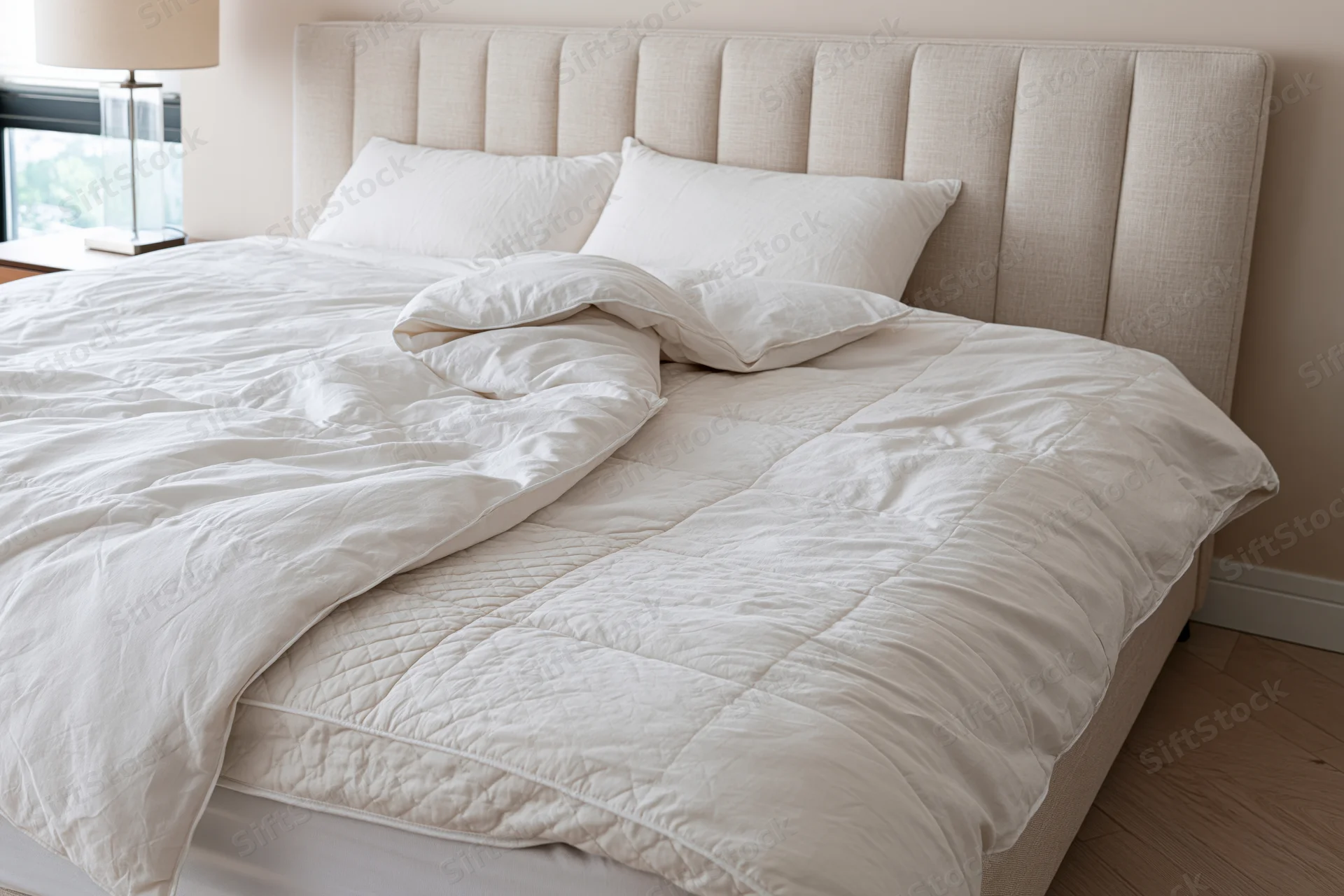Queen-sized bed with tall channeled upholstered headboard in a neutral bedroom setting