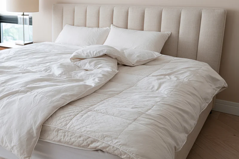 Queen-sized bed with tall channeled upholstered headboard in a neutral bedroom setting