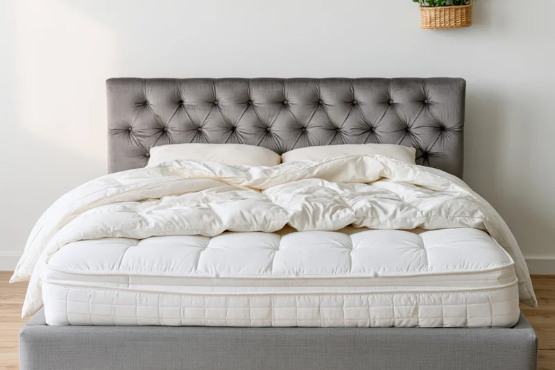 Queen bed with tufted grey headboard and white quilted bedding in a minimalist bedroom