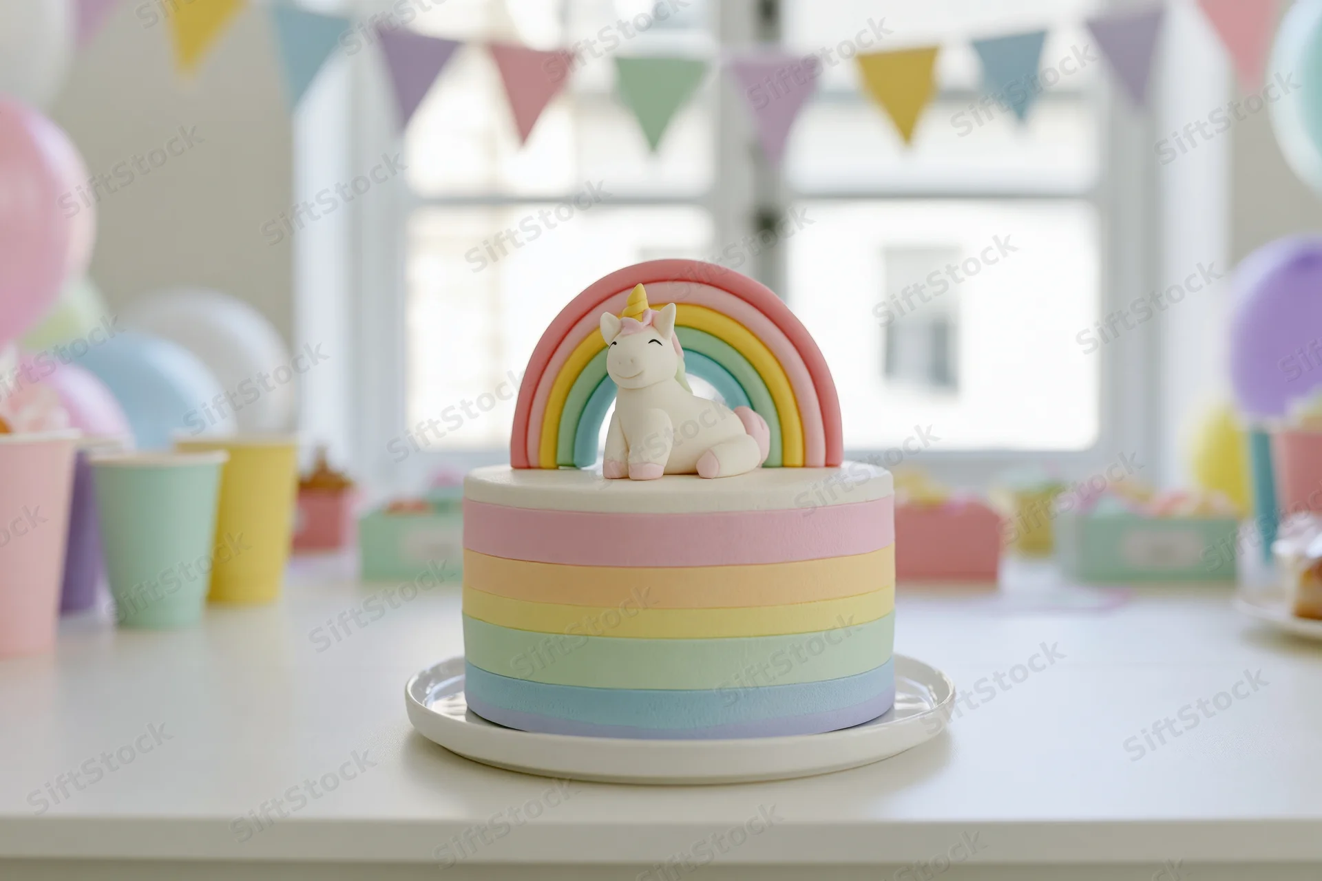 Rainbow-striped birthday cake with unicorn topper on a party table
