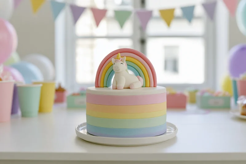 Rainbow-striped birthday cake with unicorn topper on a party table