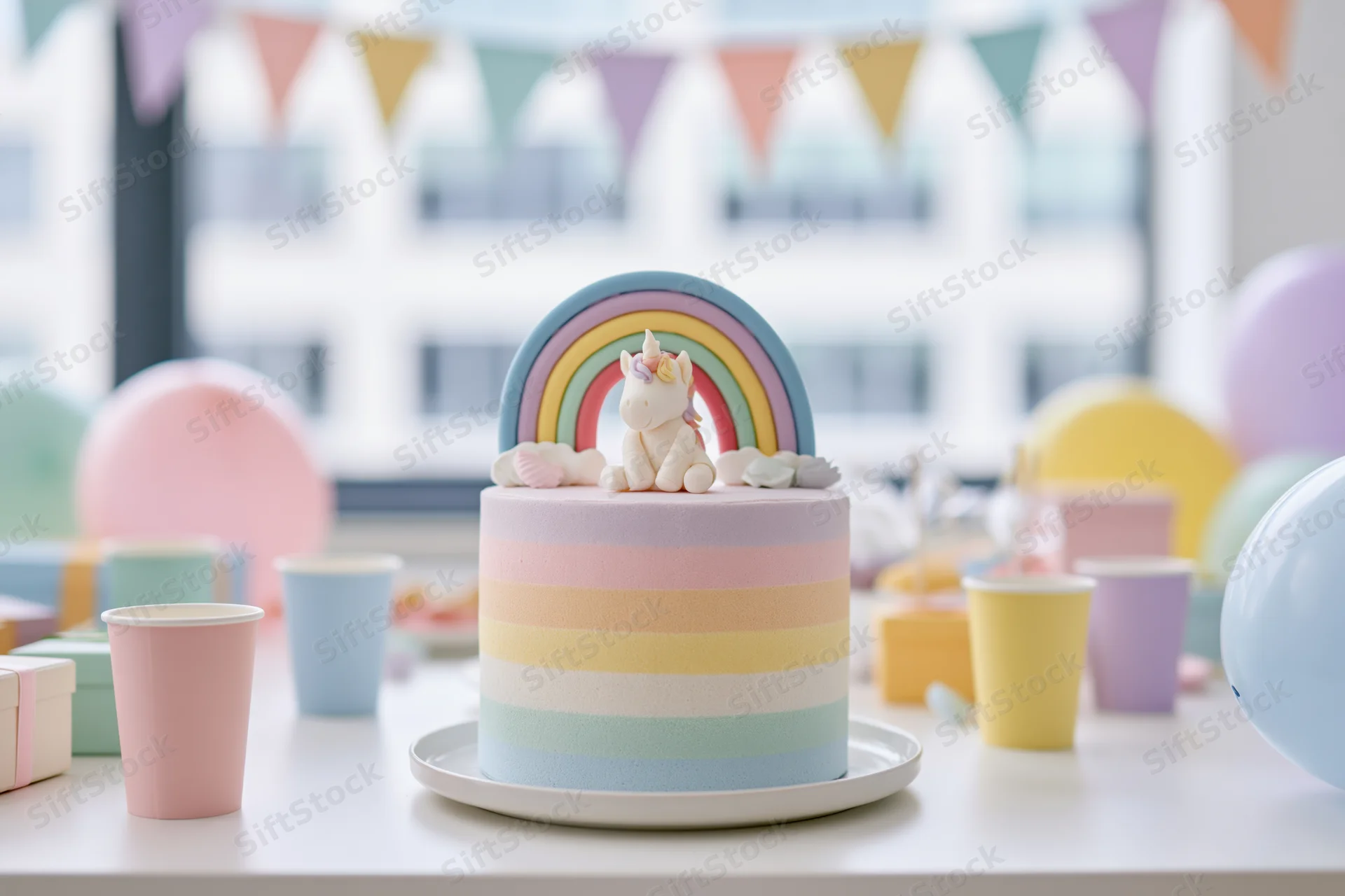 Rainbow-striped birthday cake with unicorn topper on a party table surrounded by balloons and cups