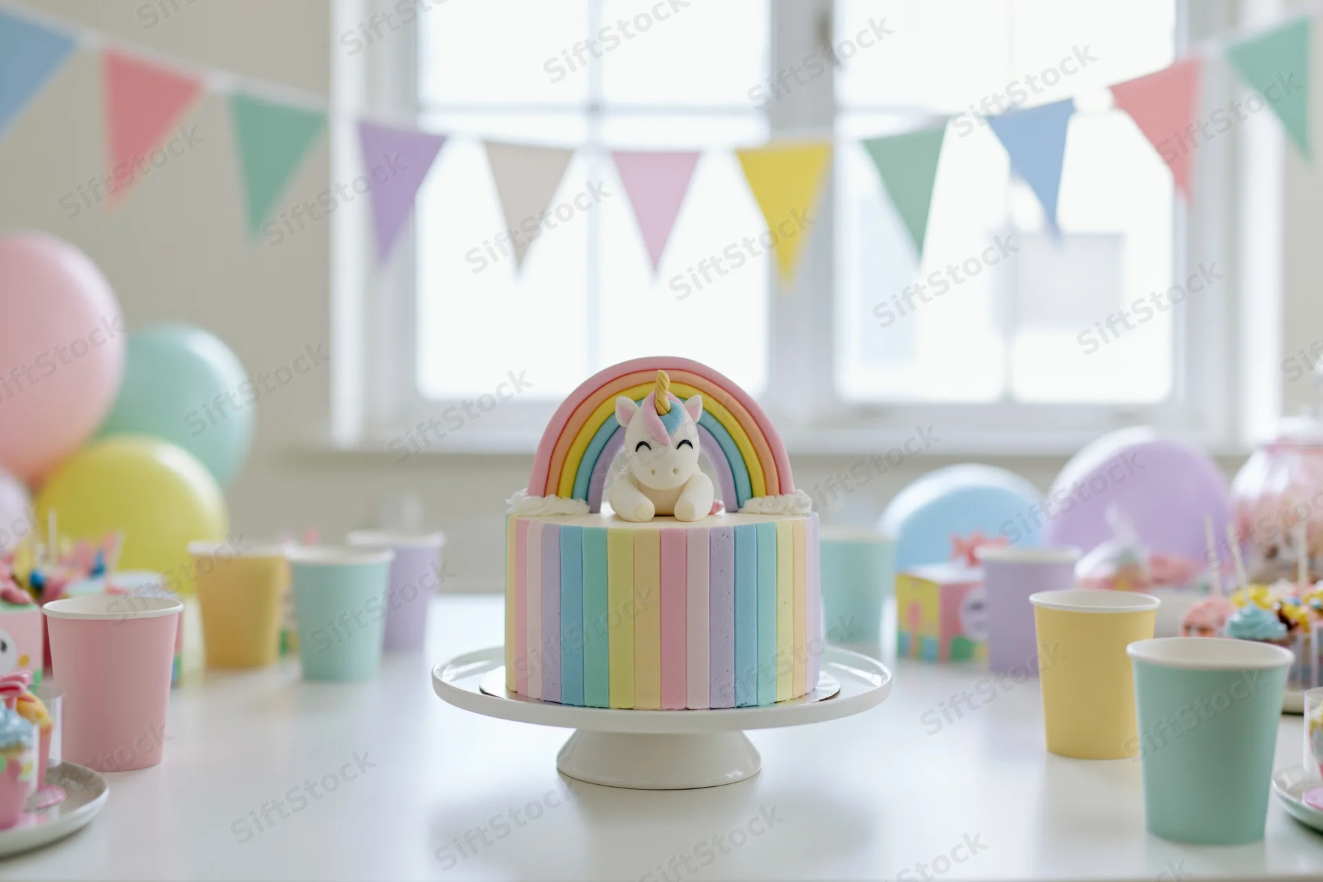 Rainbow-striped birthday cake with unicorn topper on a party table surrounded by colorful cups and balloons