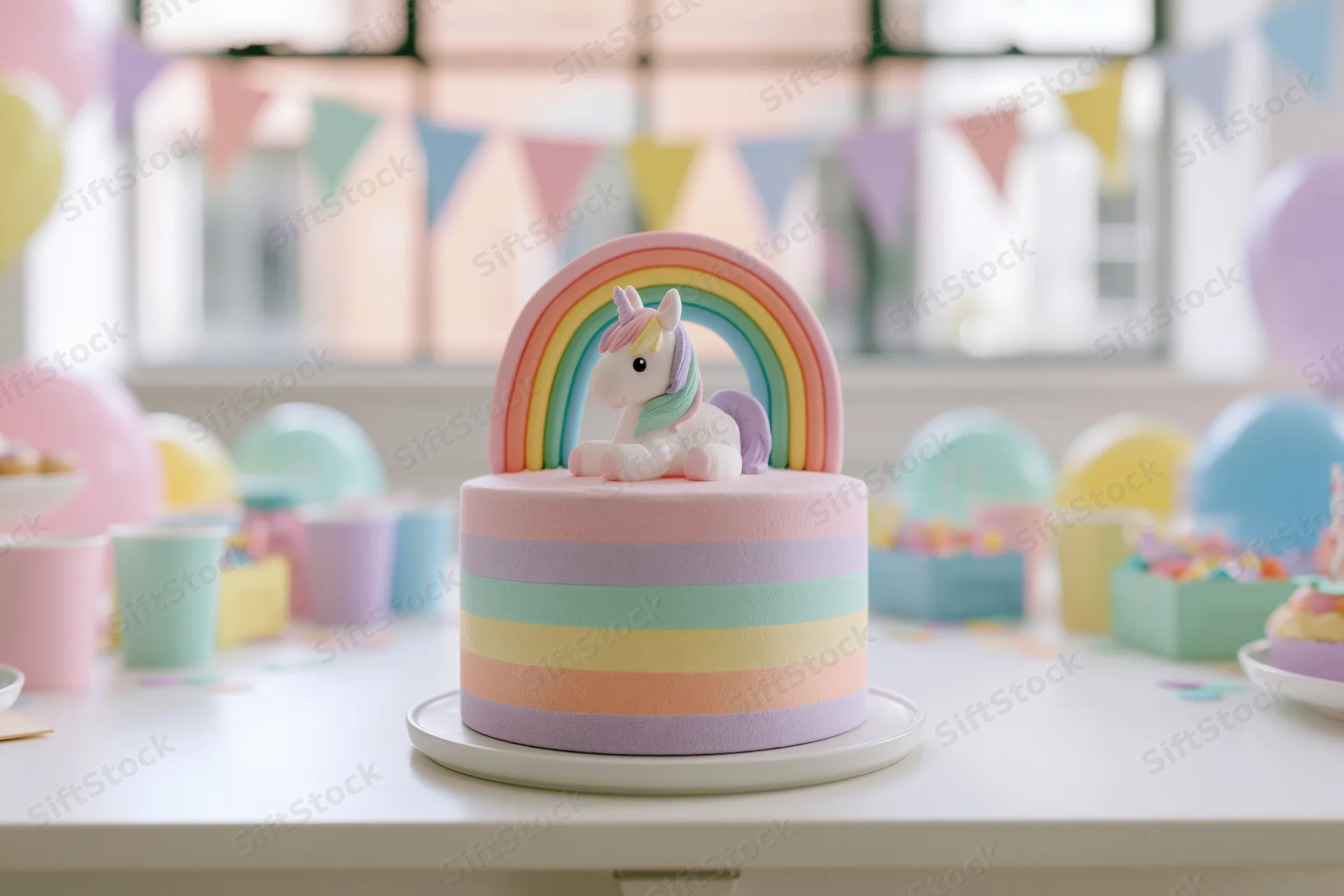 Rainbow-striped birthday cake with unicorn topper on a party table surrounded by balloons and bunting