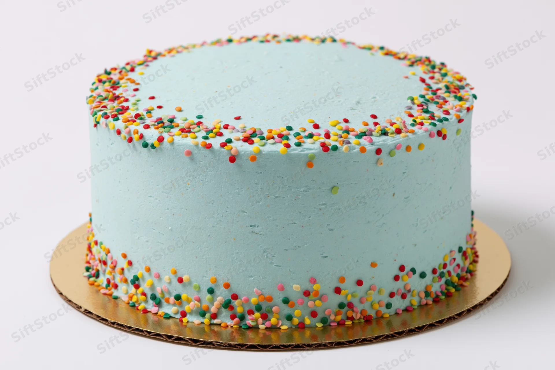 Round birthday cake with pale blue frosting and colorful sprinkles on a gold cardboard base