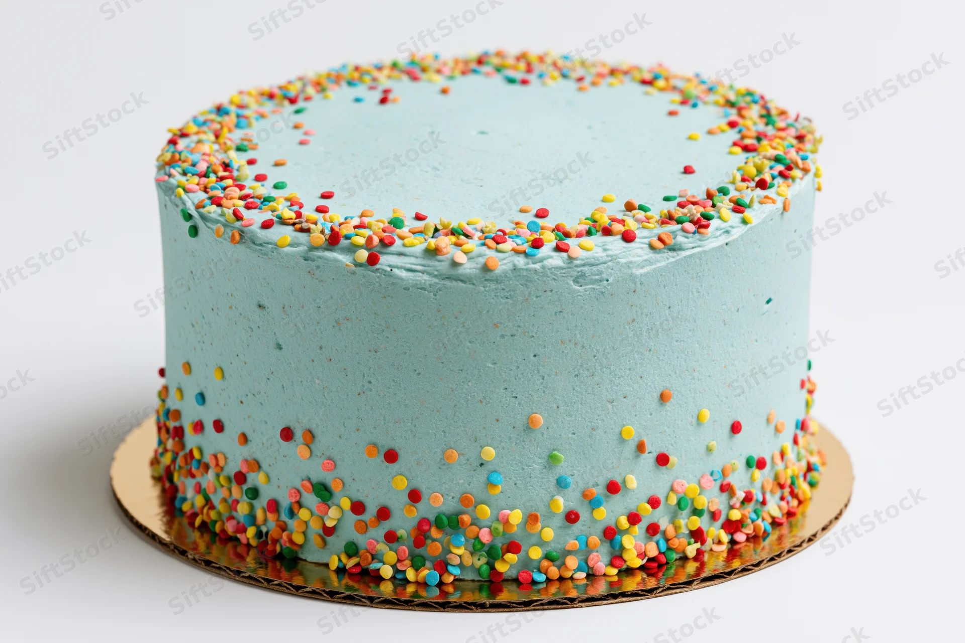 Round birthday cake with pale blue frosting and colorful sprinkles on a gold cardboard base against white background