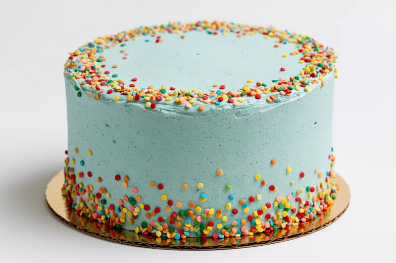 Round birthday cake with pale blue frosting and colorful sprinkles on a gold cardboard base against white background