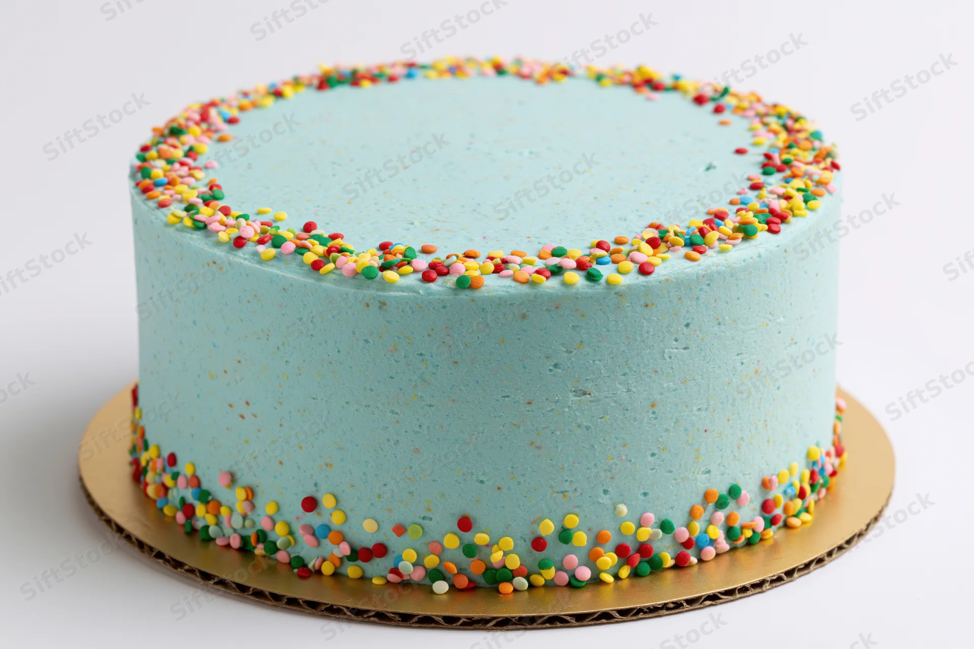 Round birthday cake with pale blue frosting and colorful sprinkles on gold cake stand against white background