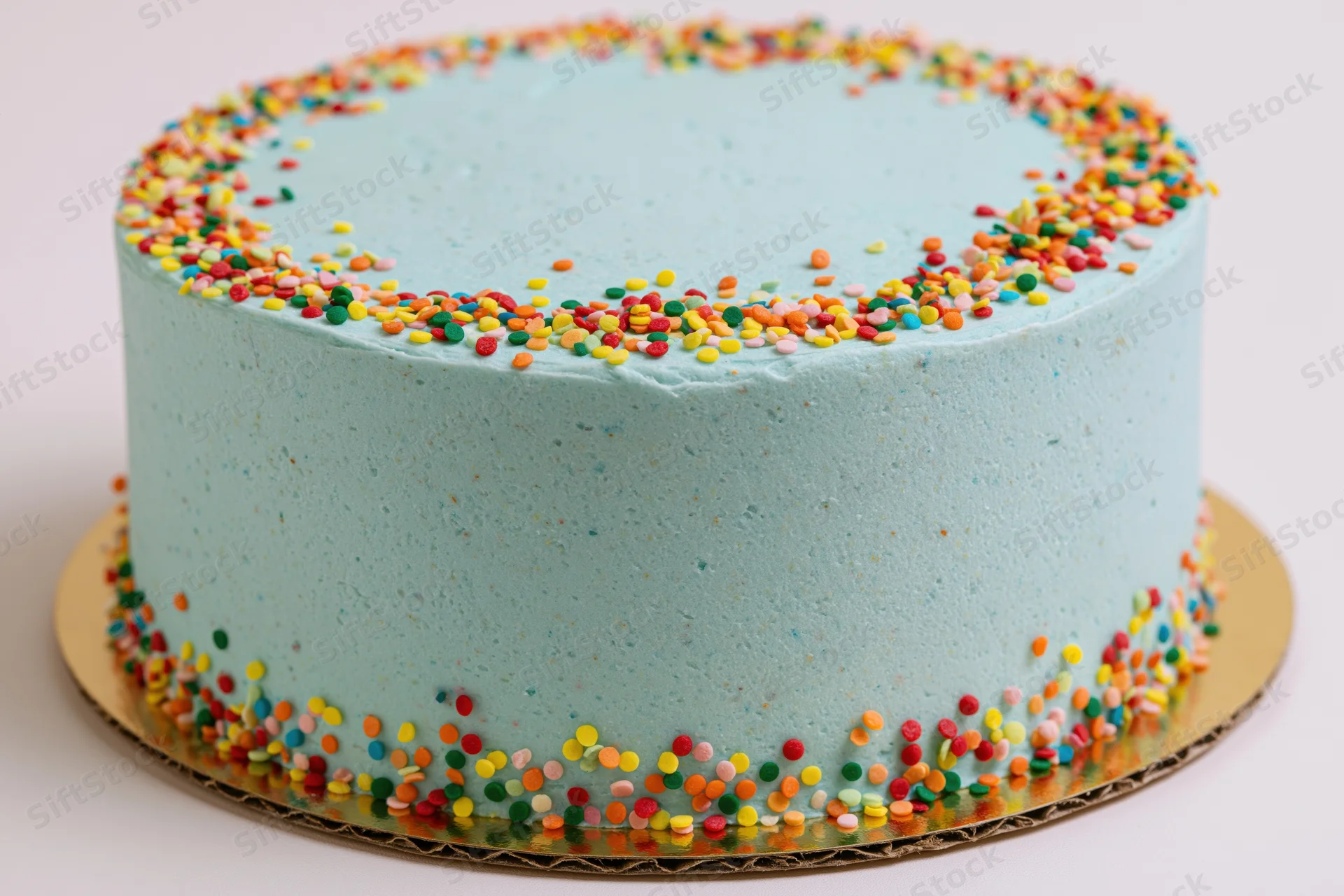 Round birthday cake with pale blue frosting and colorful sprinkles on a gold plate