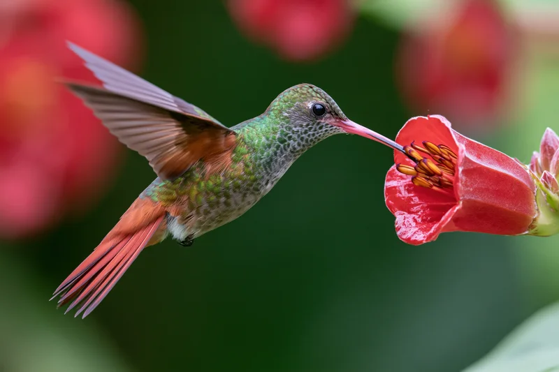 Rufous-tailed hummingbird hovering mid-flight feeding from a red flower in a garden