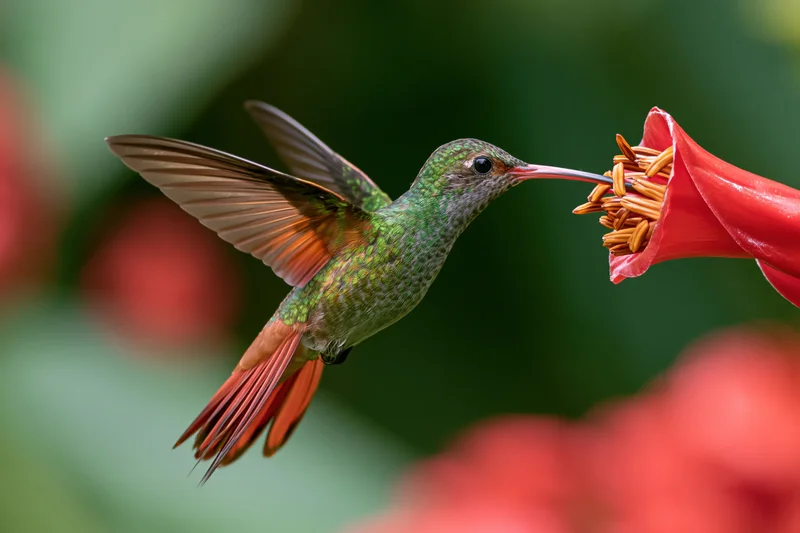 Rufous-tailed hummingbird hovering mid-flight feeding from a red flower in a garden