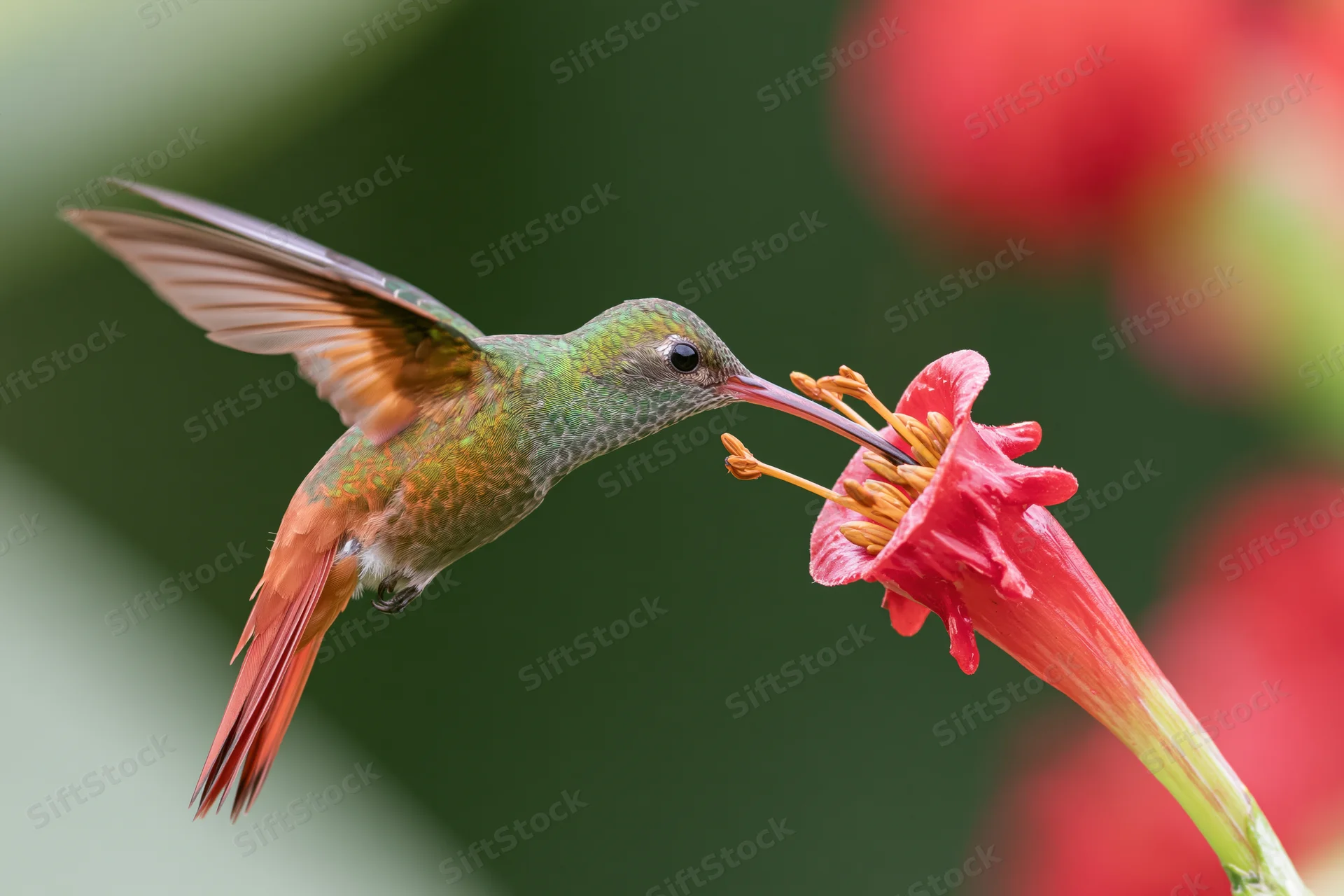 Rufous-tailed hummingbird hovering mid-flight feeding from a red flower in a garden setting