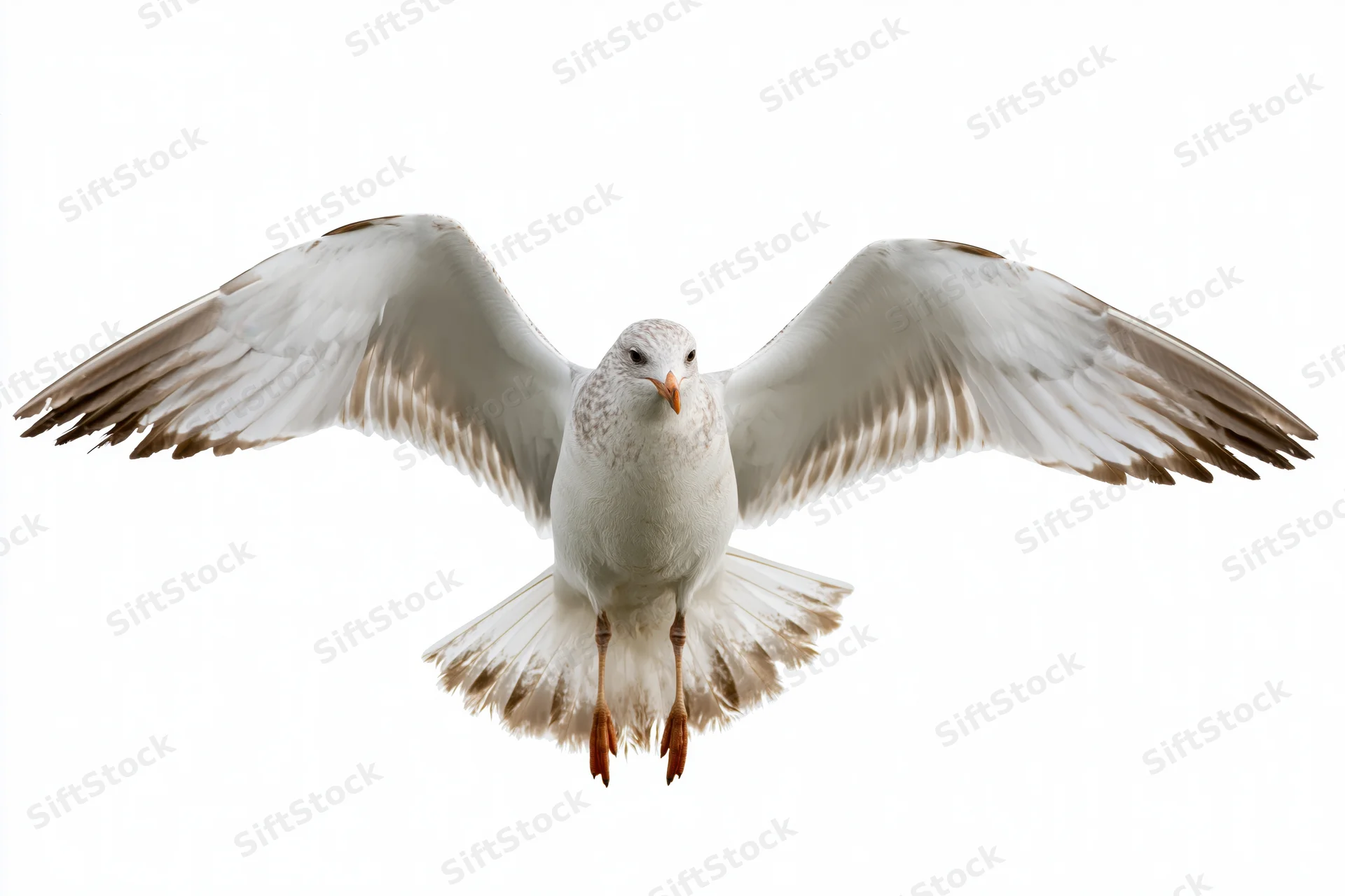 Seagull hovering mid-flight with wings fully spread against white background
