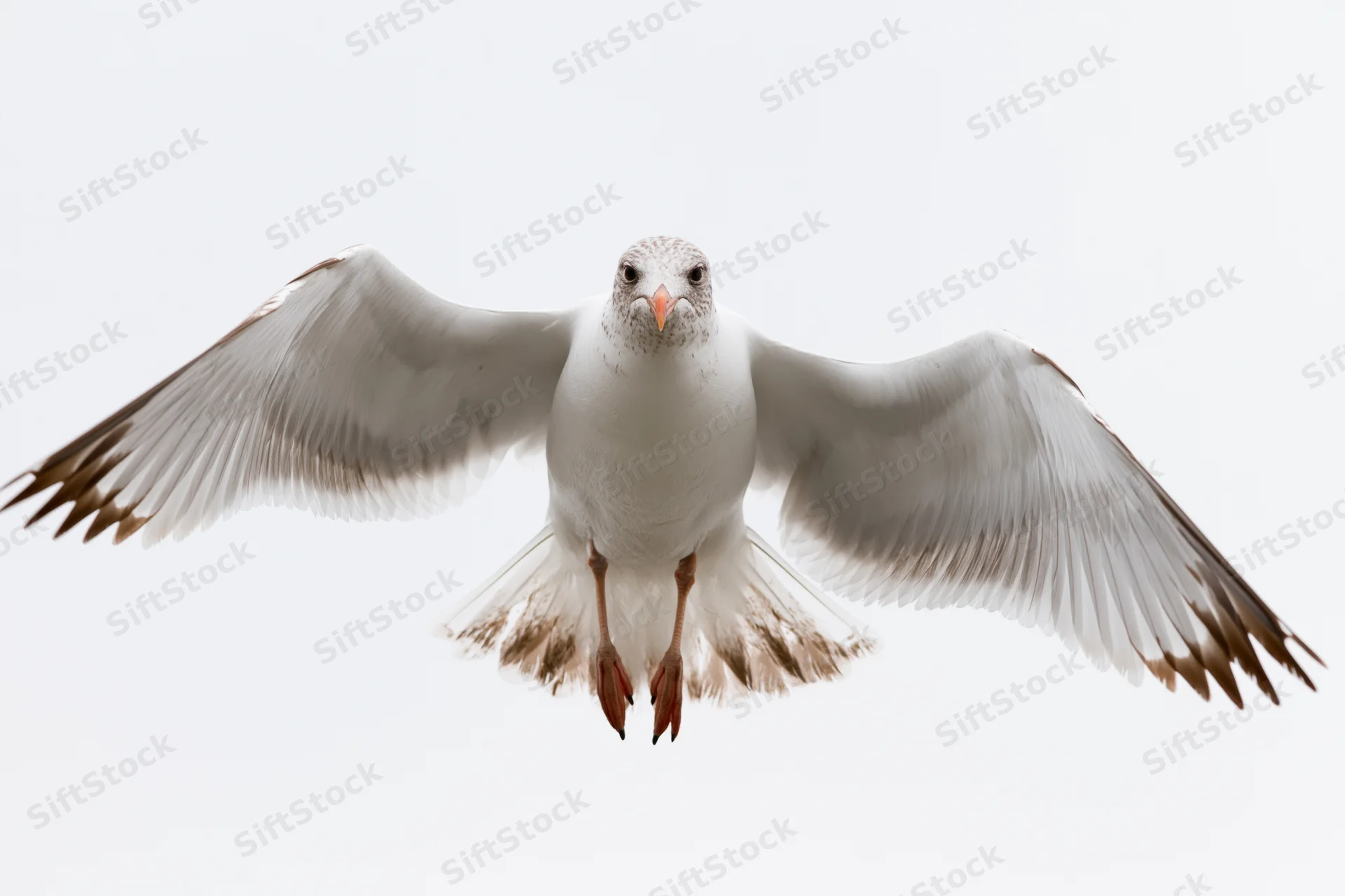Seagull in mid-flight with wings spread descending against white background