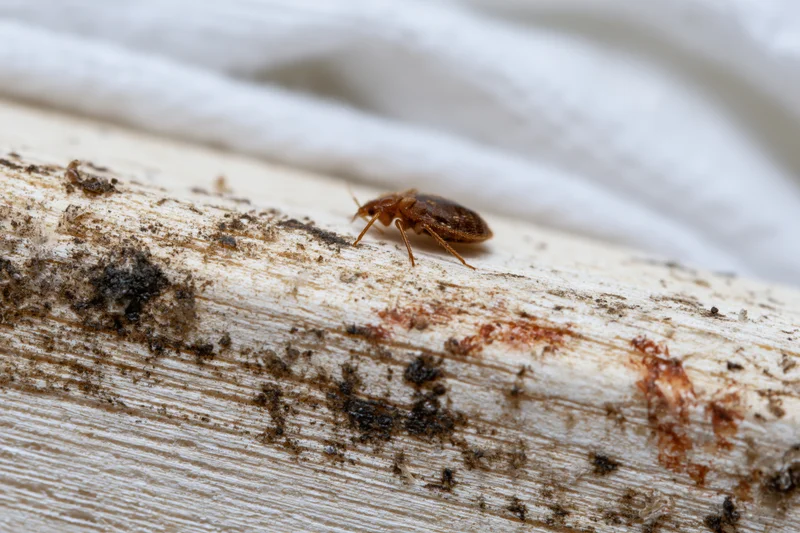 Bed bug crawling along the edge of pale wood surface