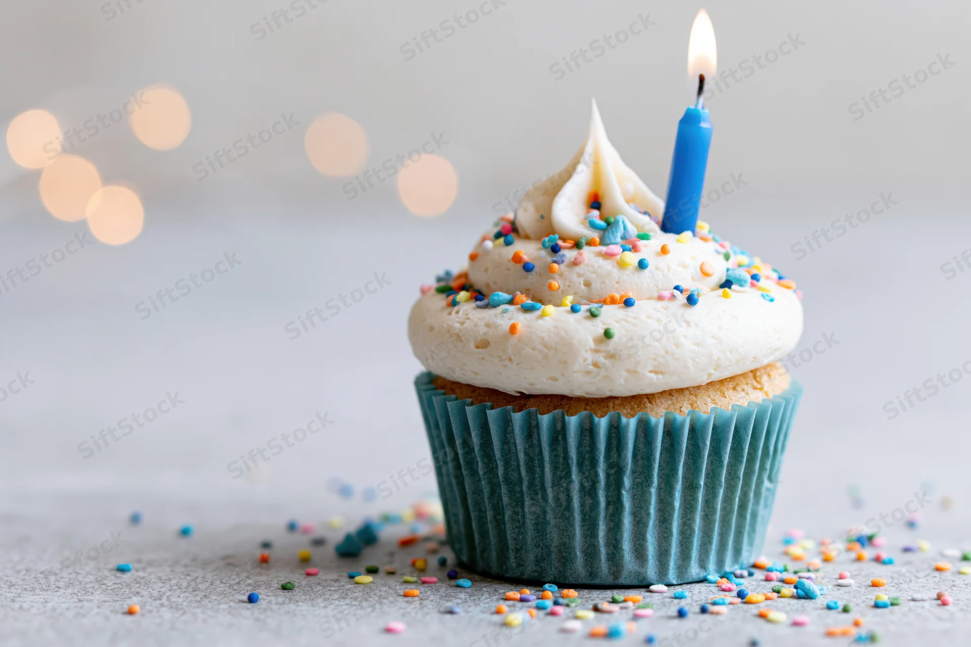Single birthday cupcake with lit blue candle and colorful sprinkles on white surface