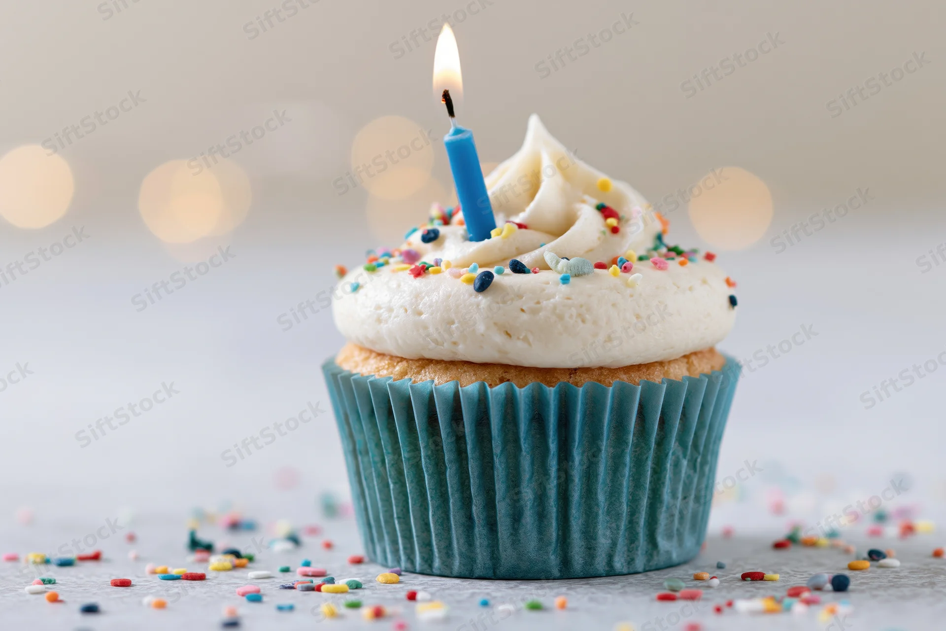 Single birthday cupcake with lit blue candle and sprinkles on white surface