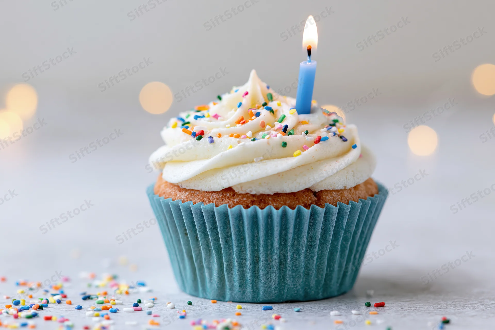 Single birthday cupcake with lit candle and sprinkles in blue paper liner on light surface