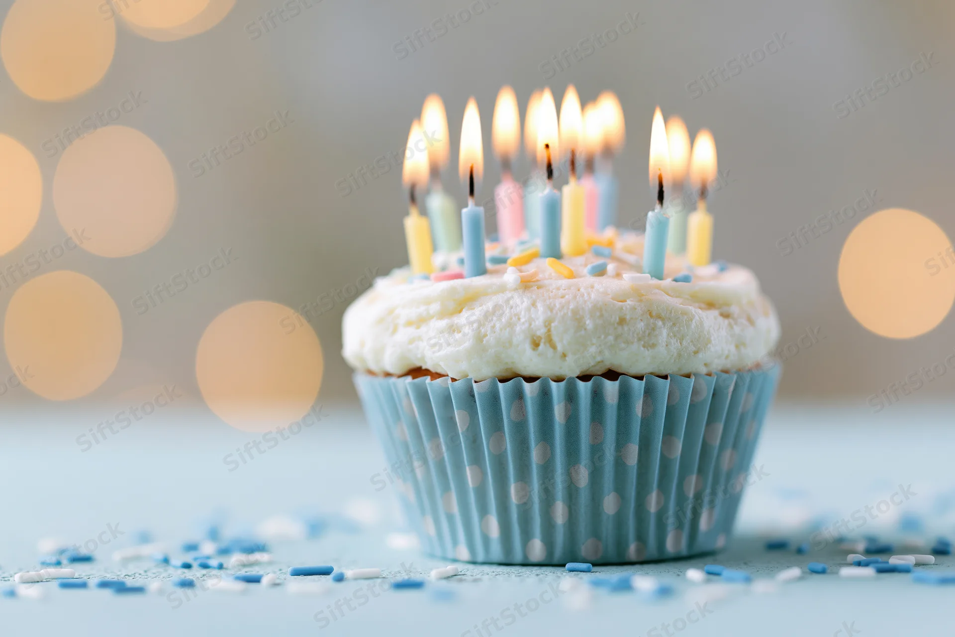 Birthday cupcake with lit candles and sprinkles in a blue polka-dot paper liner on a light surface with bokeh background