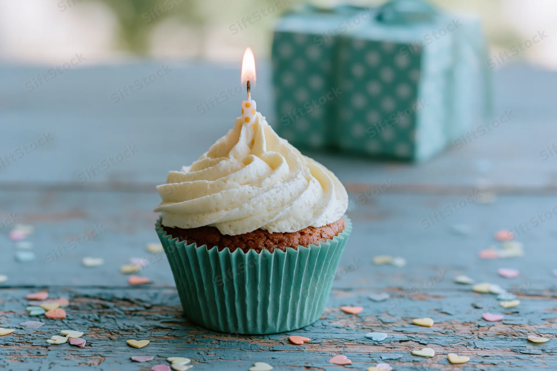 Birthday cupcake with lit candle and frosting on wooden table with gift and confetti