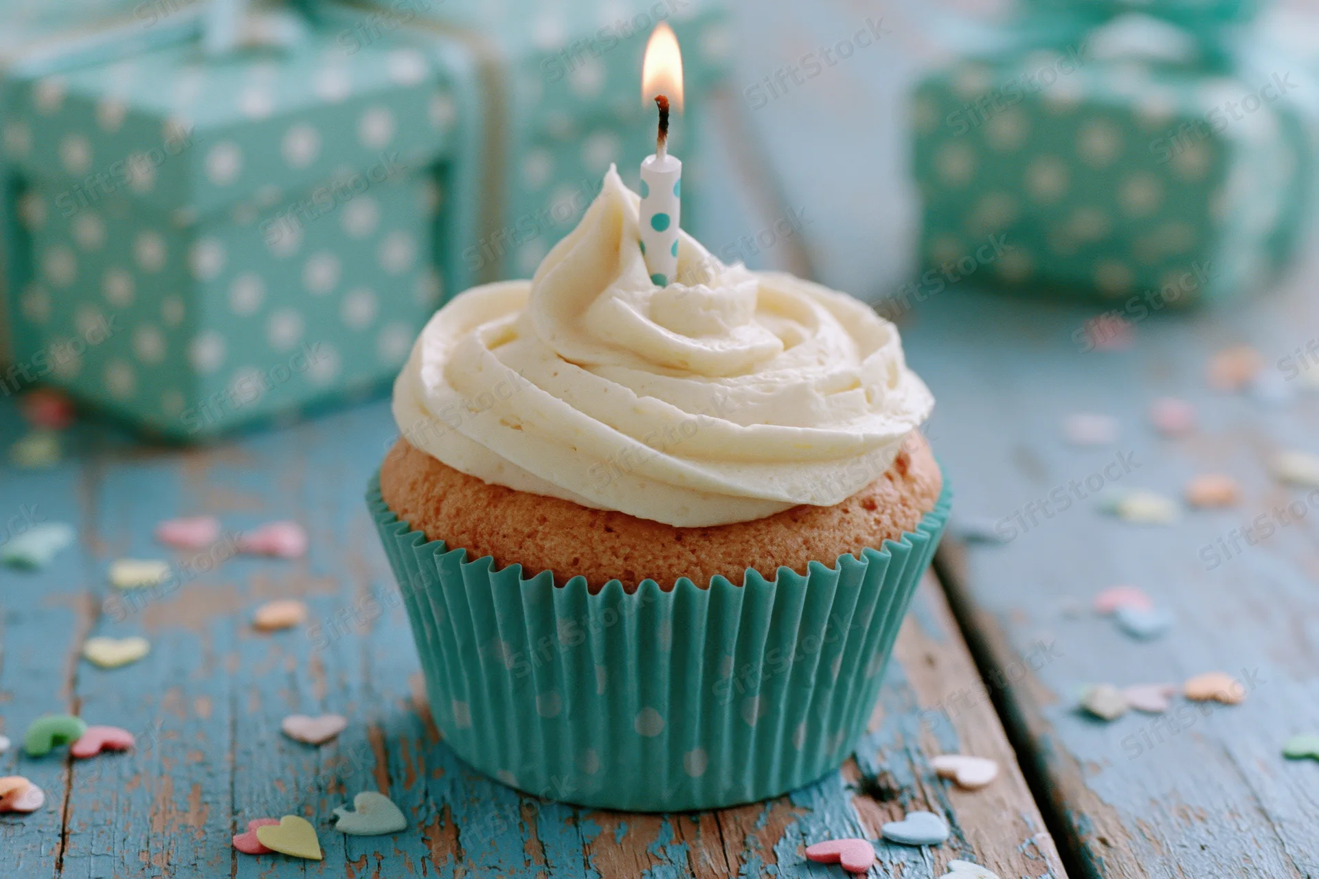 Birthday cupcake with lit candle and frosting on wooden table surrounded by gift boxes and heart confetti