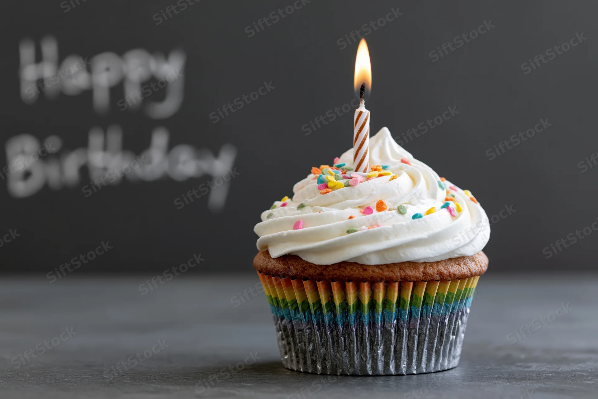 Single birthday cupcake with white frosting and lit candle on gray surface, rainbow liner, sprinkles, happy birthday text in background