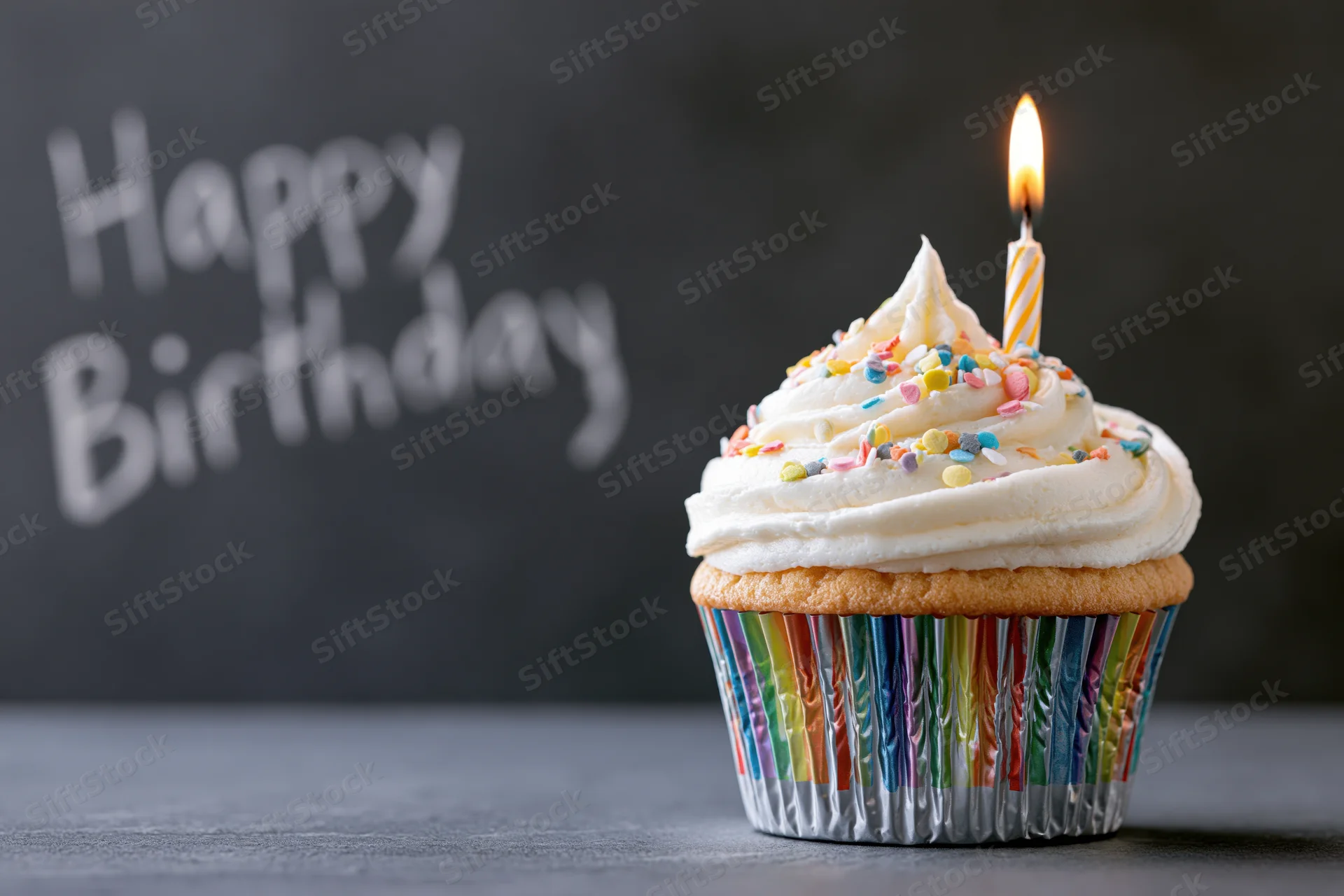 Birthday cupcake with lit candle and sprinkles on dark surface, "Happy Birthday" written in chalk on background board
