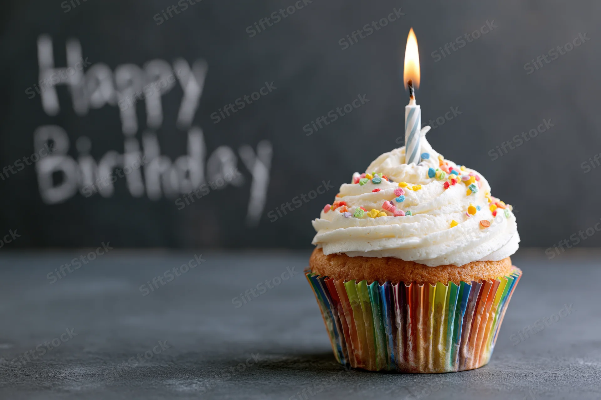 Single birthday cupcake with white frosting and lit candle on dark surface, rainbow liner, sprinkles, happy birthday message in background