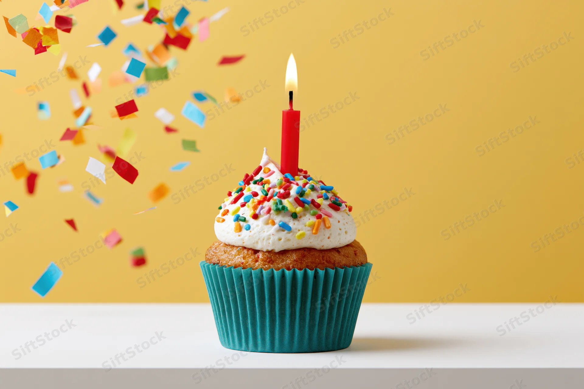Birthday cupcake with lit candle and sprinkles on white surface, colorful confetti falling against yellow background