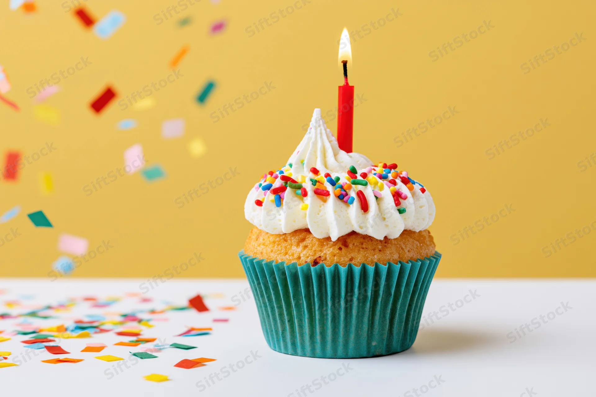 Birthday cupcake with white frosting and sprinkles, single lit candle, confetti falling around on yellow background