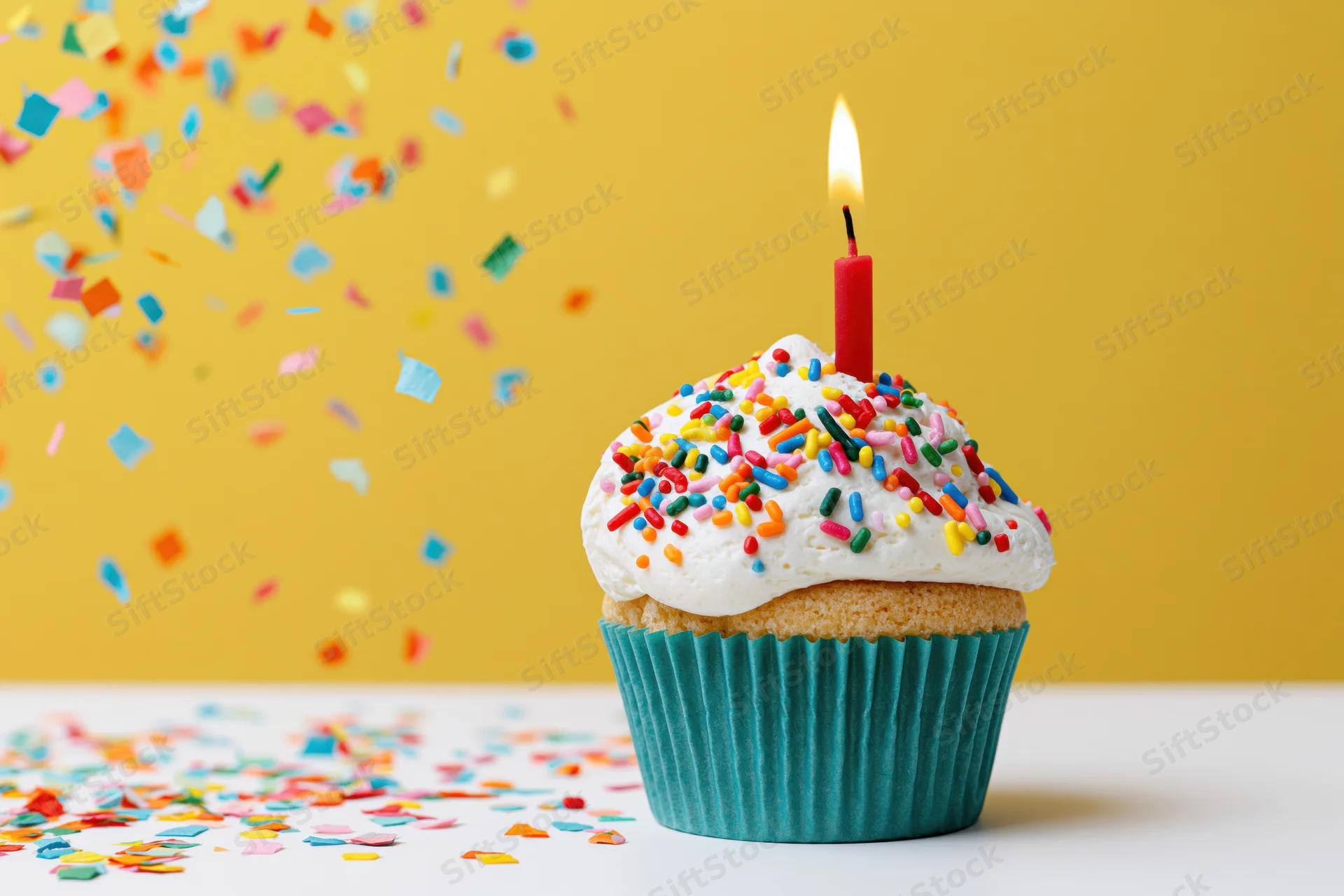 Birthday cupcake with lit candle and sprinkles on yellow background, confetti falling around it