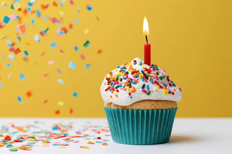 Birthday cupcake with lit candle and sprinkles on yellow background, confetti falling around it