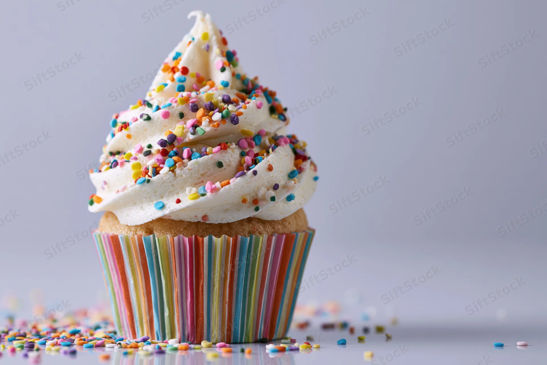 Single cupcake with white frosting and colorful sprinkles in rainbow-striped paper liner on plain surface