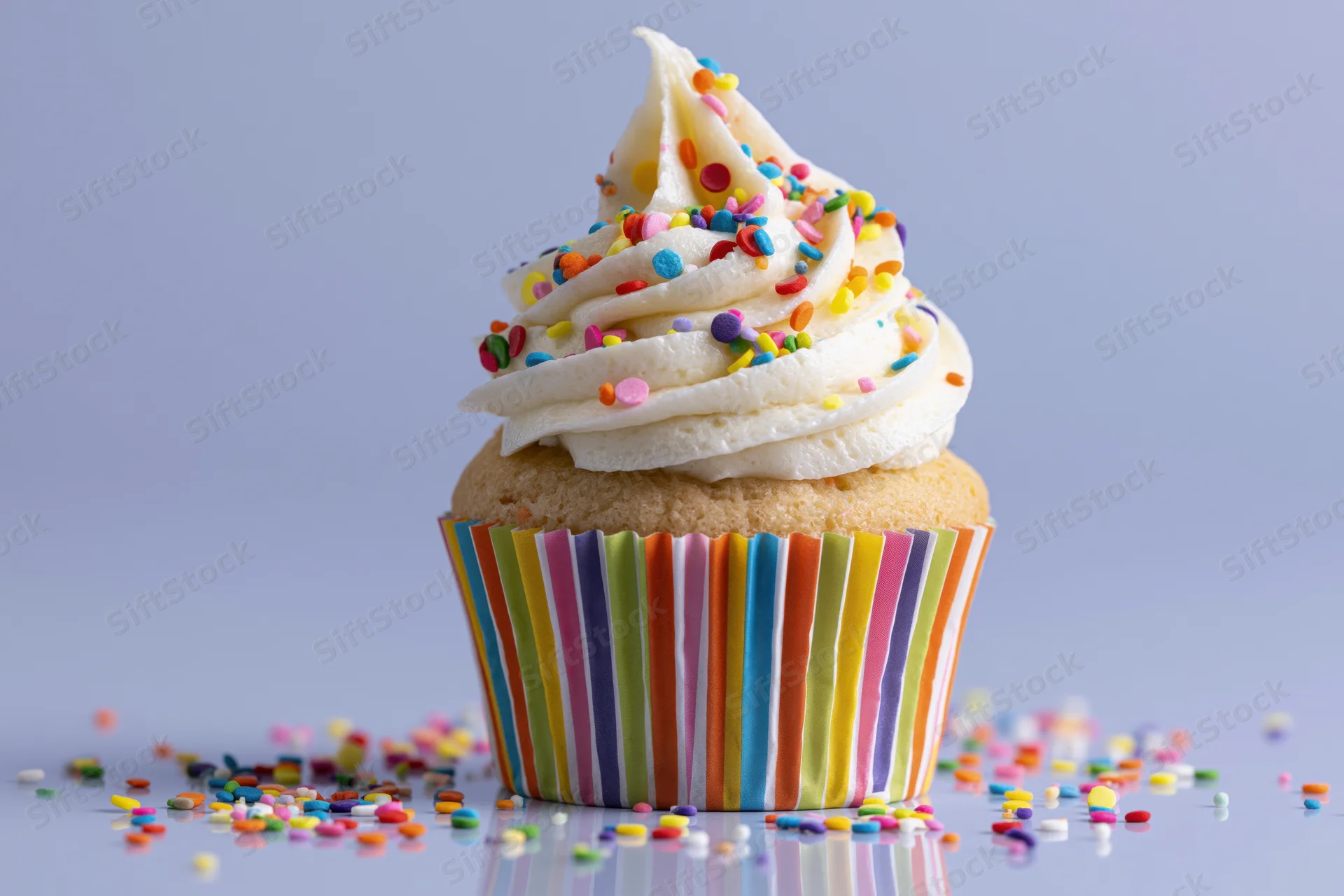 Single cupcake with white frosting and rainbow sprinkles in a striped paper liner on a plain surface