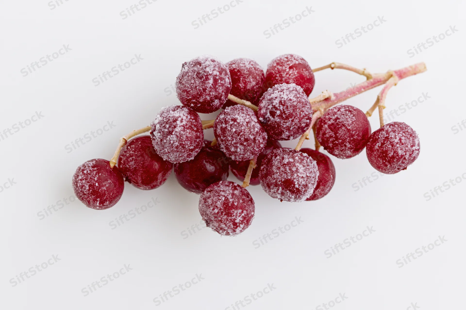 Frosted red berries on a branch against a white background