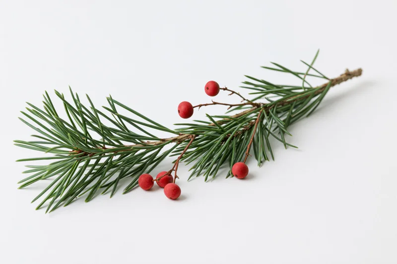 Pine branch with red berries lying on white surface