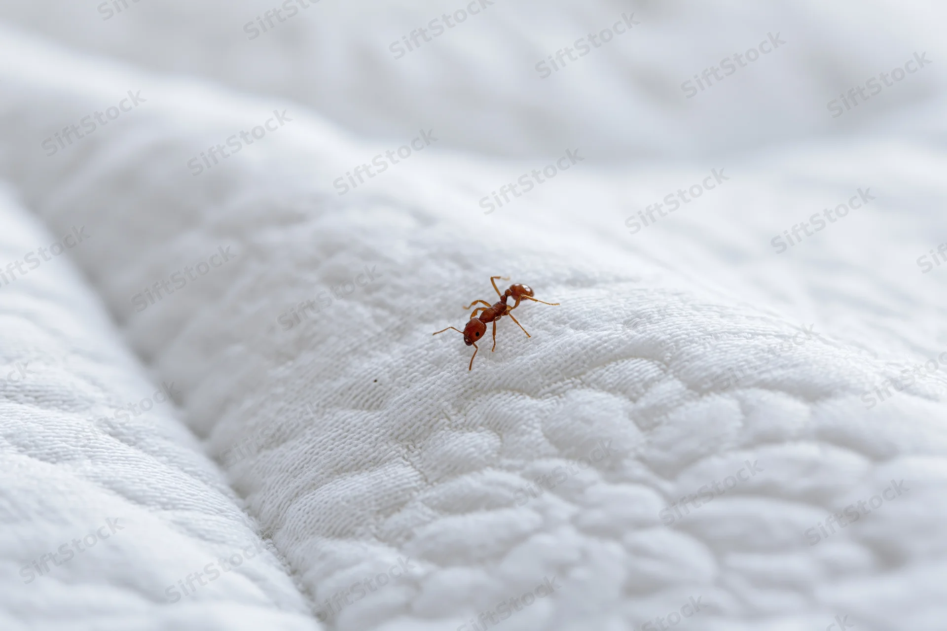 Red ant crawling across quilted white fabric surface